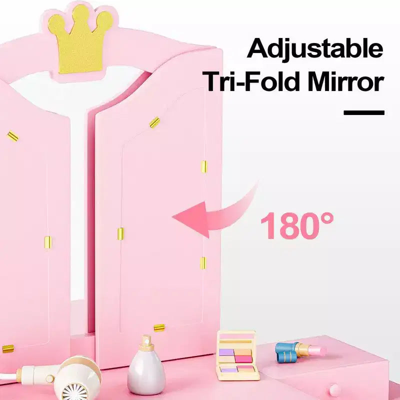 Table et Chaise de Coiffeuse pour Enfants Karl Home, Meuble de Rangement Coiffeuse Filles 2 en 1 avec Miroir Triptyque