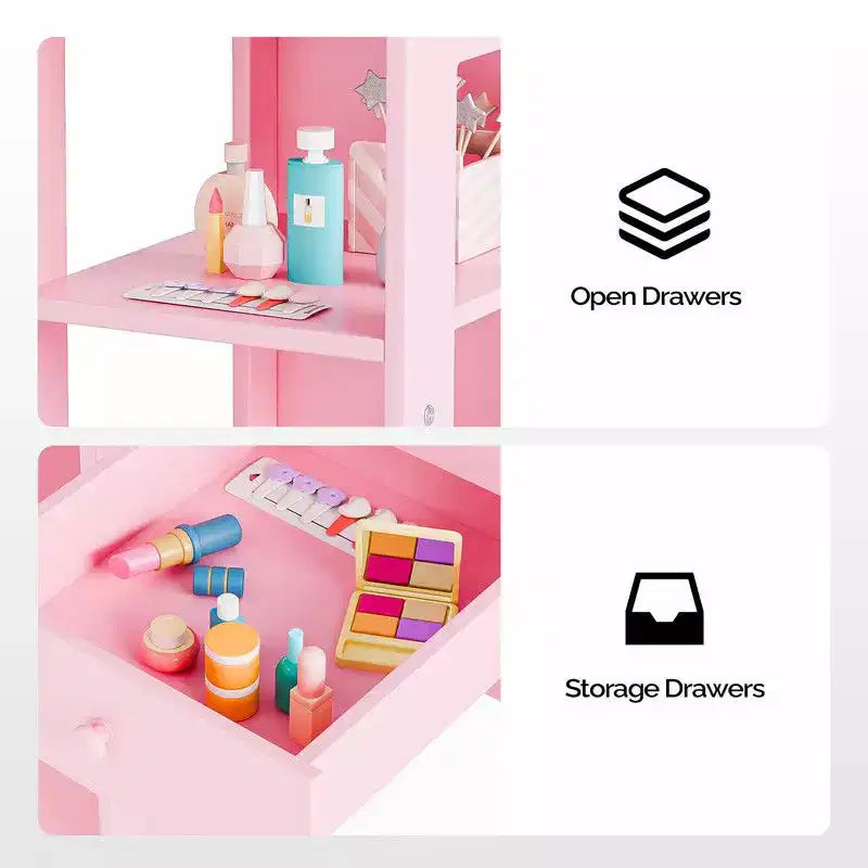 Table et Chaise de Coiffeuse pour Enfants Karl Home, Meuble de Rangement Coiffeuse Filles 2 en 1 avec Miroir Triptyque