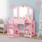 Table et Chaise de Coiffeuse pour Enfants Karl Home, Meuble de Rangement Coiffeuse Filles 2 en 1 avec Miroir Triptyque