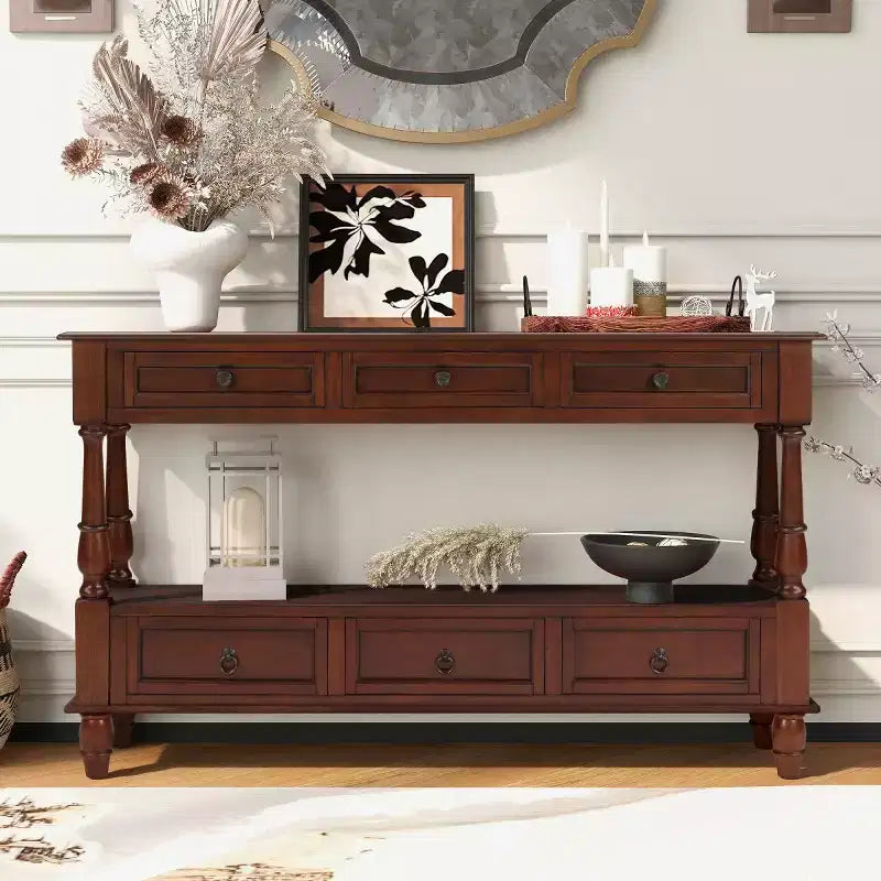 Console étroite en bois massif de 137 cm avec rangement, table de canapé moderne à 2 niveaux, table d'entrée pour salon, couloir ou hall d'entrée - Panipeachy