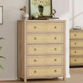 Rattan Dresser for Bedroom with 5 Drawers, 45 Tall Chest of Large Drawers with Large Clothes Storage Cabinet, Wood Bedroom Dresser, TV Stand