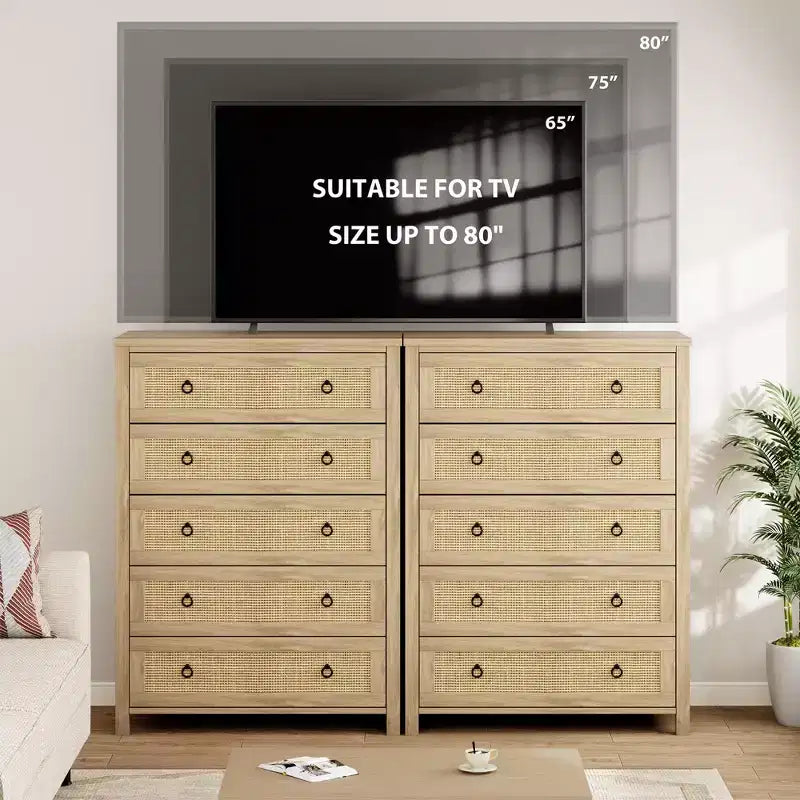 Commode en rotin pour chambre à coucher avec 5 tiroirs, commode haute de 45 pouces avec grands tiroirs et grand placard de rangement pour vêtements, commode en bois pour chambre à coucher, meuble TV