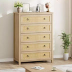 Commode en rotin pour chambre à coucher avec 5 tiroirs, commode haute de 45 pouces avec grands tiroirs et grand placard de rangement pour vêtements, commode en bois pour chambre à coucher, meuble TV