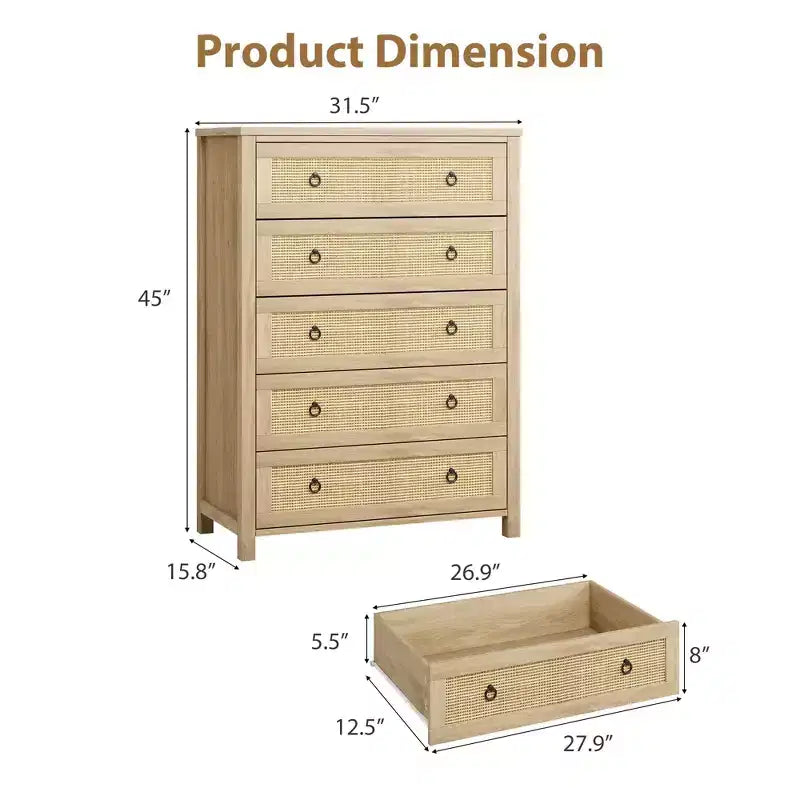 Commode en rotin pour chambre à coucher avec 5 tiroirs, commode haute de 45 pouces avec grands tiroirs et grand placard de rangement pour vêtements, commode en bois pour chambre à coucher, meuble TV