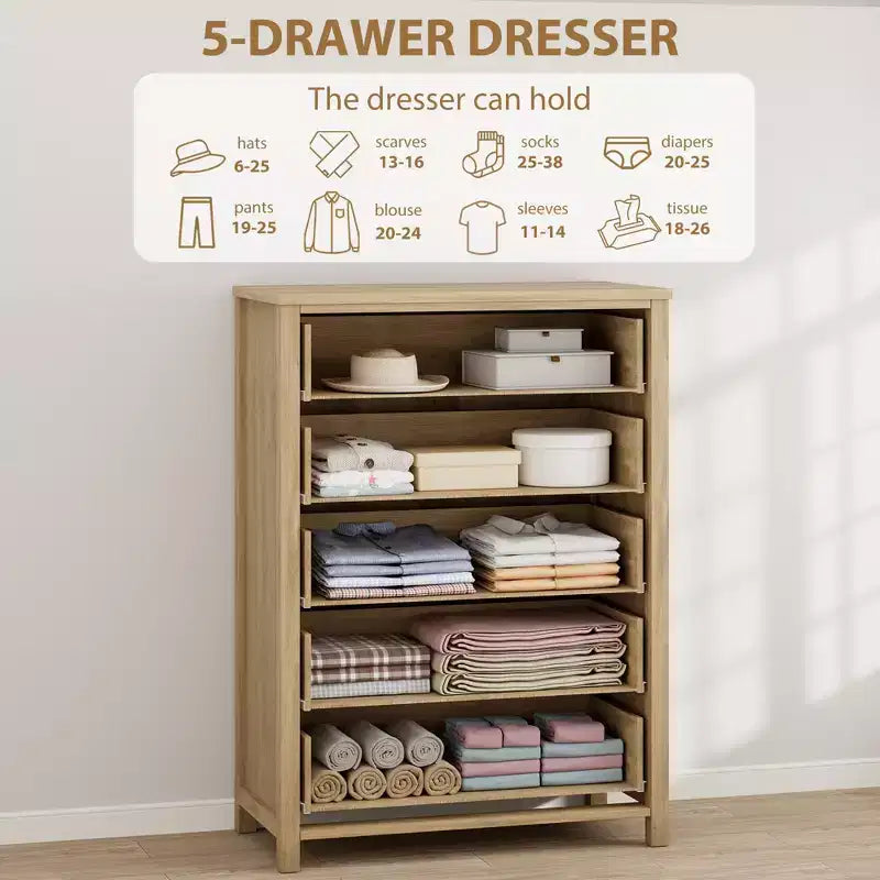 Commode en rotin pour chambre à coucher avec 5 tiroirs, commode haute de 45 pouces avec grands tiroirs et grand placard de rangement pour vêtements, commode en bois pour chambre à coucher, meuble TV