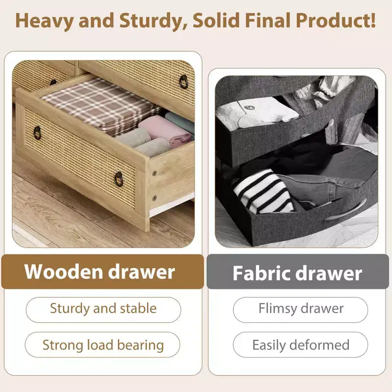 Commode en rotin pour chambre à coucher avec 5 tiroirs, commode haute de 45 pouces avec grands tiroirs et grand placard de rangement pour vêtements, commode en bois pour chambre à coucher, meuble TV