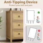 Commode en rotin pour chambre à coucher avec 5 tiroirs, commode haute de 45 pouces avec grands tiroirs et grand placard de rangement pour vêtements, commode en bois pour chambre à coucher, meuble TV