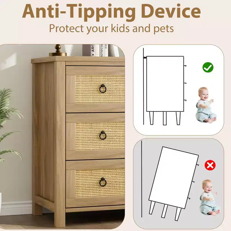 Commode en rotin pour chambre à coucher avec 5 tiroirs, commode haute de 45 pouces avec grands tiroirs et grand placard de rangement pour vêtements, commode en bois pour chambre à coucher, meuble TV