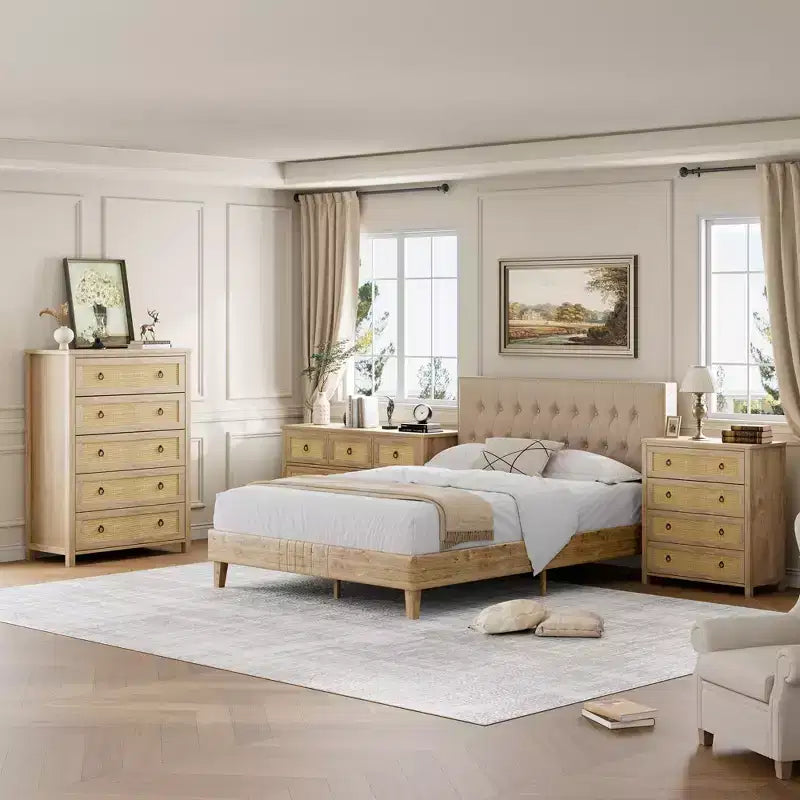 Commode en rotin pour chambre à coucher avec 5 tiroirs, commode haute de 45 pouces avec grands tiroirs et grand placard de rangement pour vêtements, commode en bois pour chambre à coucher, meuble TV