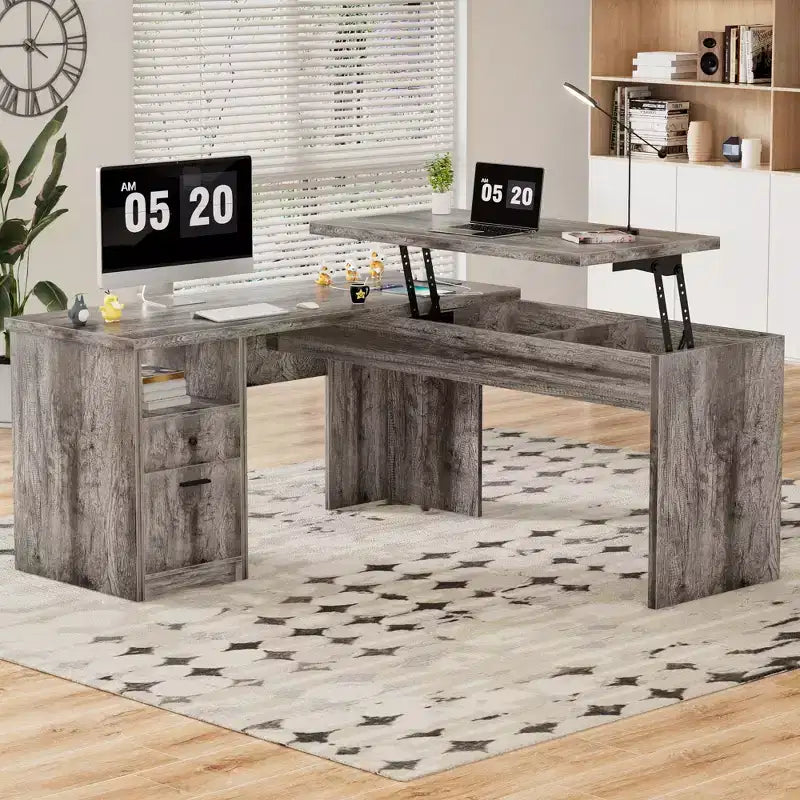 Besiost 56 Bureau informatique relevable avec tiroirs et prises de courant, Dessus relevable