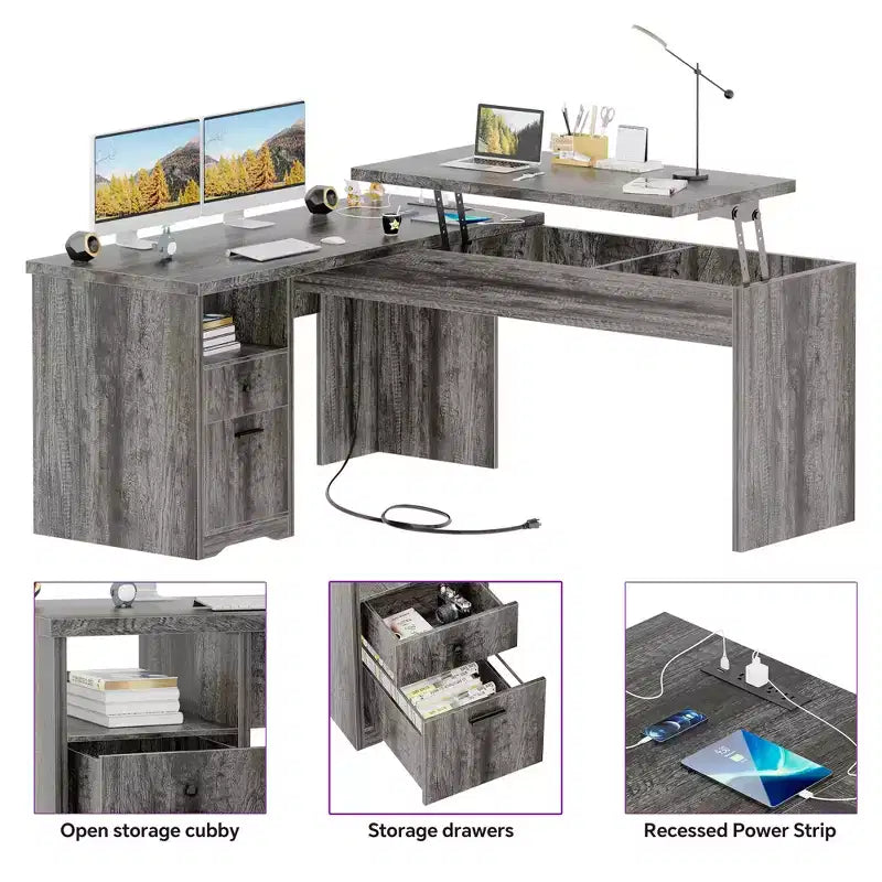 Besiost 56 Bureau informatique relevable avec tiroirs et prises de courant, Dessus relevable