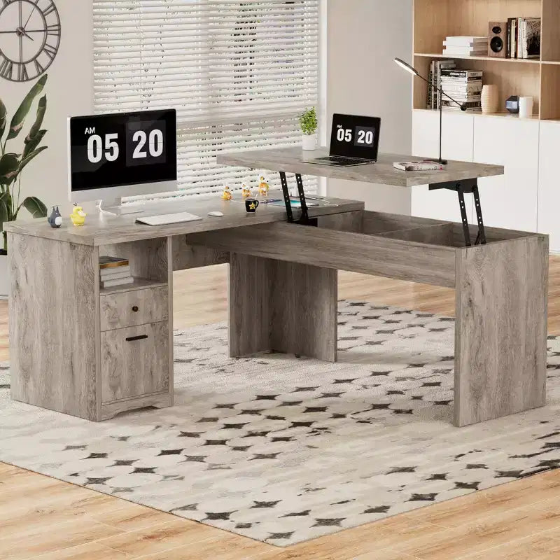 Besiost 56 Bureau informatique relevable avec tiroirs et prises de courant, Dessus relevable