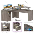 Besiost 56 Bureau informatique relevable avec tiroirs et prises de courant, Dessus relevable