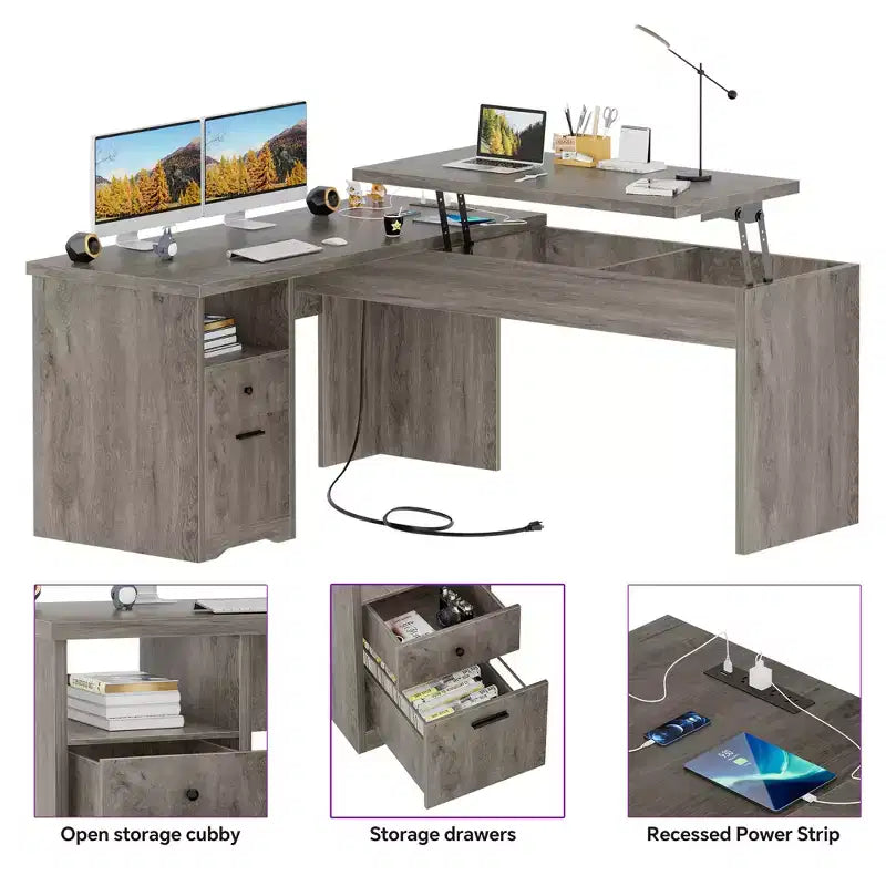 Besiost 56 Bureau informatique relevable avec tiroirs et prises de courant, Dessus relevable