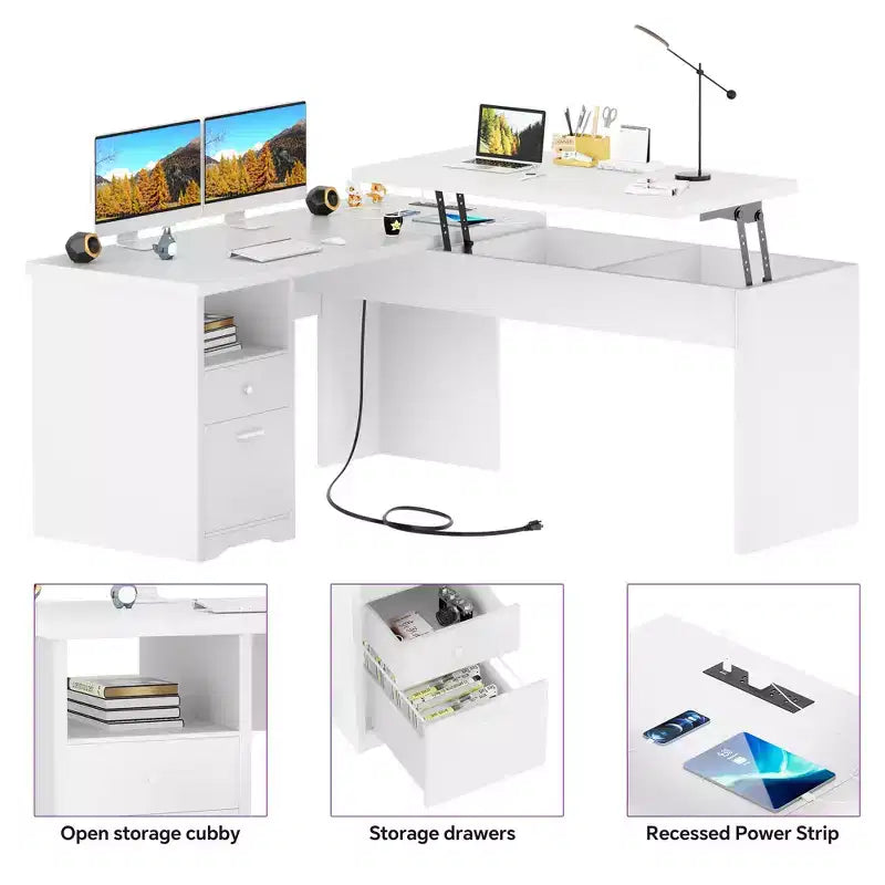 Besiost 56 Bureau informatique relevable avec tiroirs et prises de courant, Dessus relevable