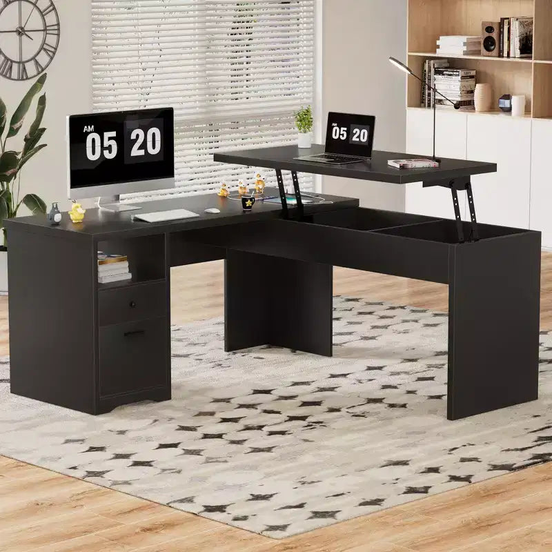 Besiost 56 Bureau informatique relevable avec tiroirs et prises de courant, Dessus relevable