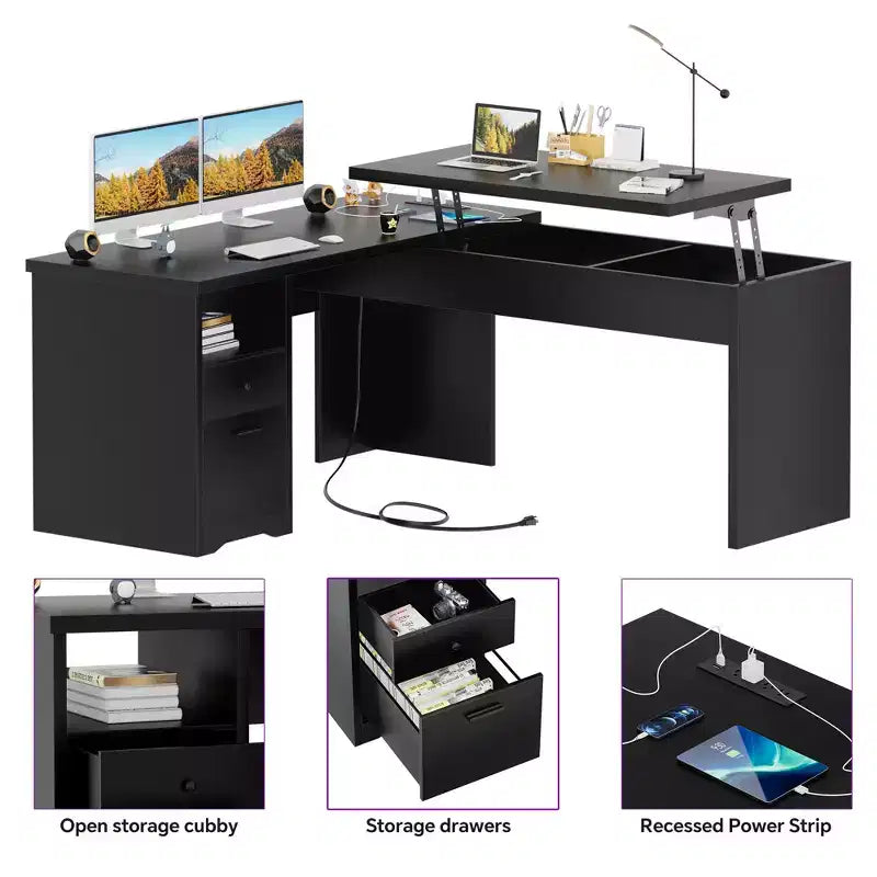 Besiost 56 Bureau informatique relevable avec tiroirs et prises de courant, Dessus relevable
