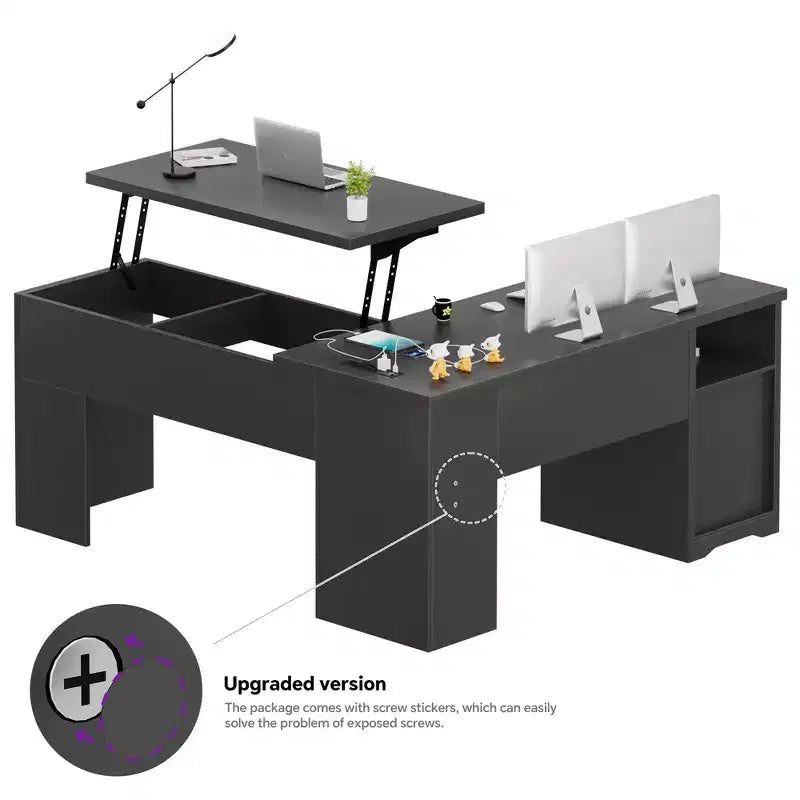 Besiost 56 Bureau informatique relevable avec tiroirs et prises de courant, Dessus relevable