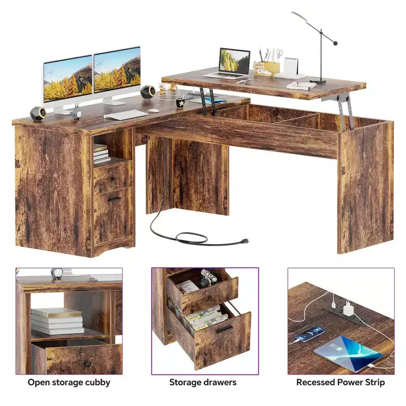 Besiost 56 Bureau informatique relevable avec tiroirs et prises de courant, Dessus relevable
