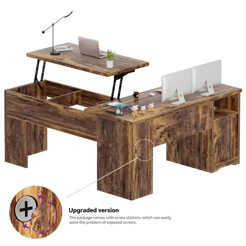 Besiost 56 Bureau informatique relevable avec tiroirs et prises de courant, Dessus relevable