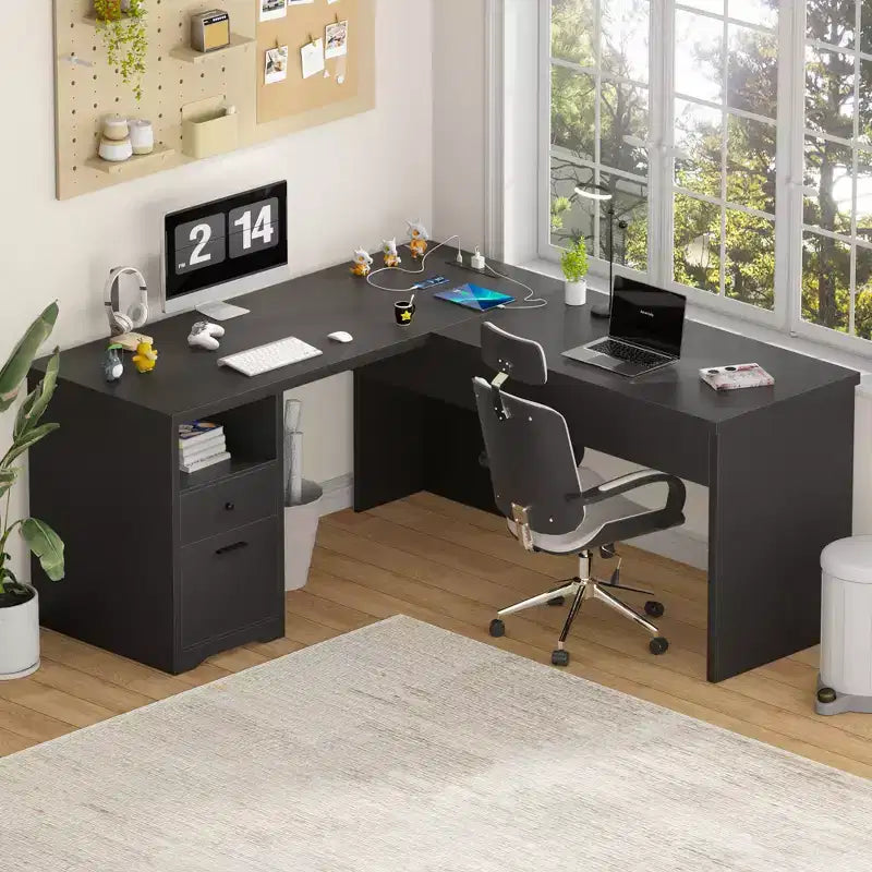 Besiost 56 Lift Top Computer Desk with Drawers and Power Outlets, Lift Top