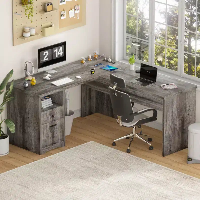 Besiost 56 Bureau informatique relevable avec tiroirs et prises de courant, Dessus relevable