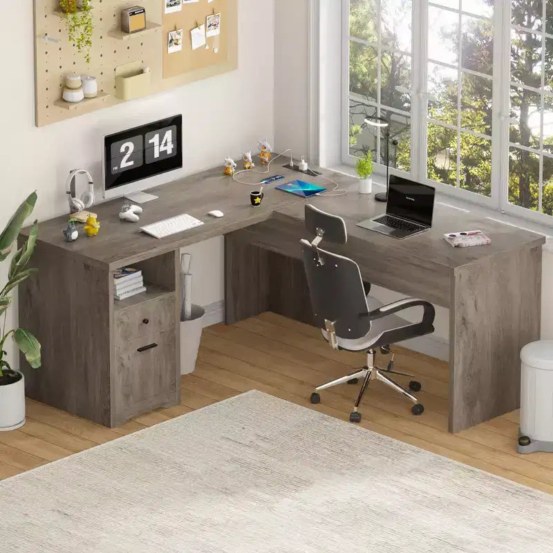 Besiost 56 Bureau informatique relevable avec tiroirs et prises de courant, Dessus relevable