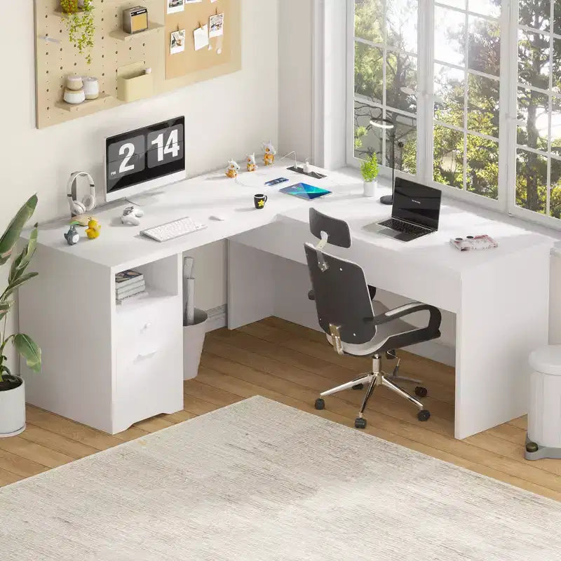 Besiost 56 Bureau informatique relevable avec tiroirs et prises de courant, Dessus relevable