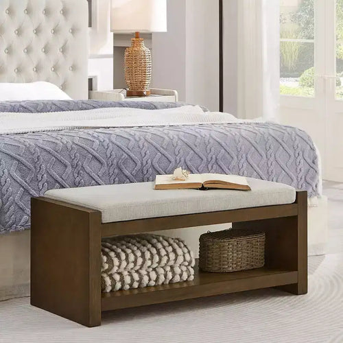 Accent Bench with Lower Shelf Shoe Rack, Padded Seating Bench, Modern Compact Bed End Bench with Storage