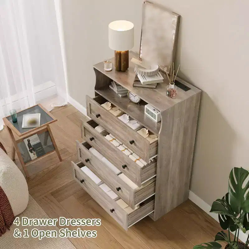 Commode 4 tiroirs pour chambre à coucher, commode en bois de 80 cm de large avec station de recharge, table de chevet étroite, organisateur de rangement pour vêtements