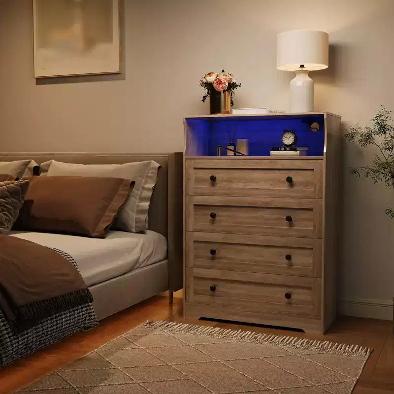 Commode 4 tiroirs pour chambre à coucher, commode en bois de 80 cm de large avec station de recharge, table de chevet étroite, organisateur de rangement pour vêtements