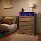 Commode 4 tiroirs pour chambre à coucher, commode en bois de 80 cm de large avec station de recharge, table de chevet étroite, organisateur de rangement pour vêtements