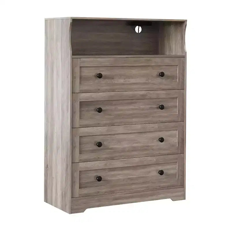 Commode 4 tiroirs pour chambre à coucher, commode en bois de 80 cm de large avec station de recharge, table de chevet étroite, organisateur de rangement pour vêtements