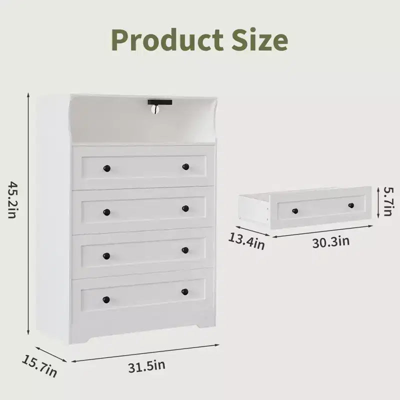 Commode 4 tiroirs pour chambre à coucher, commode en bois de 80 cm de large avec station de recharge, table de chevet étroite, organisateur de rangement pour vêtements