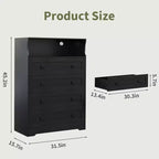 Commode 4 tiroirs pour chambre à coucher, commode en bois de 80 cm de large avec station de recharge, table de chevet étroite, organisateur de rangement pour vêtements