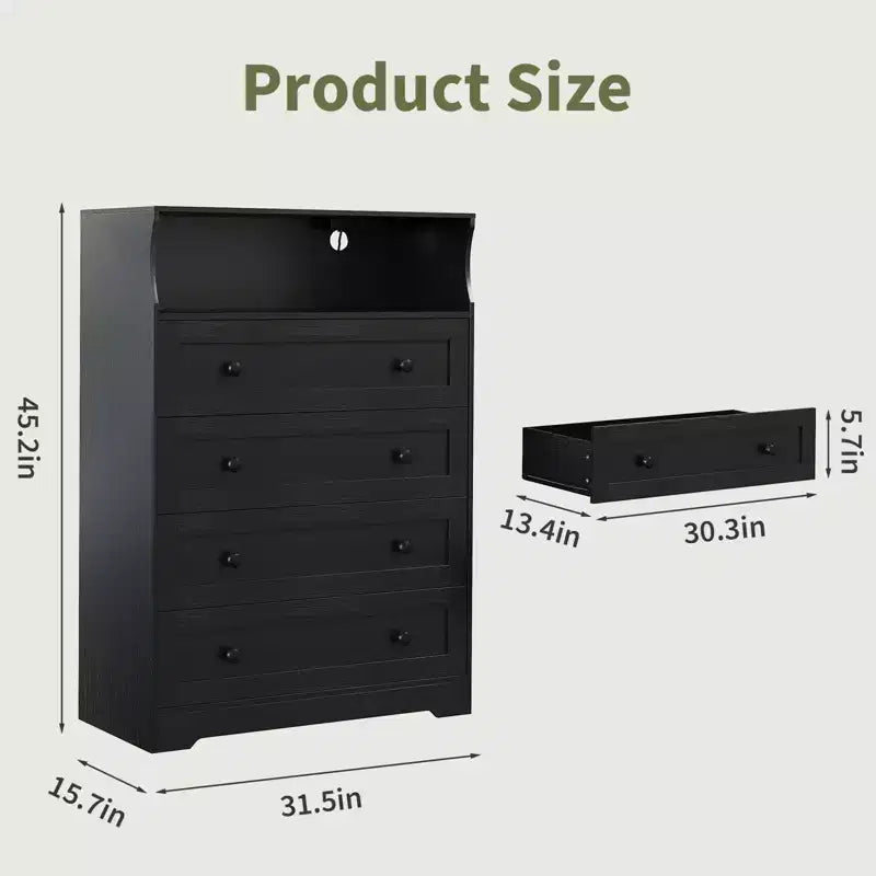 Commode 4 tiroirs pour chambre à coucher, commode en bois de 80 cm de large avec station de recharge, table de chevet étroite, organisateur de rangement pour vêtements