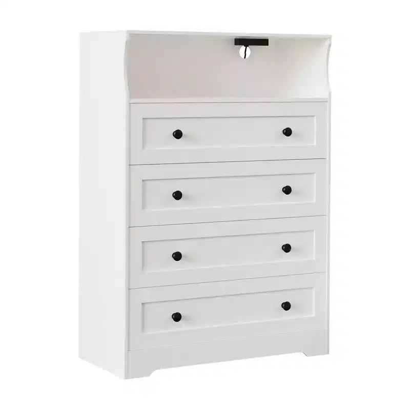 Commode 4 tiroirs pour chambre à coucher, commode en bois de 80 cm de large avec station de recharge, table de chevet étroite, organisateur de rangement pour vêtements