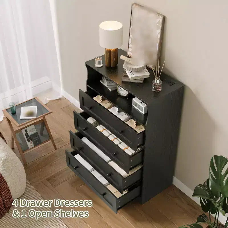 Commode 4 tiroirs pour chambre à coucher, commode en bois de 80 cm de large avec station de recharge, table de chevet étroite, organisateur de rangement pour vêtements