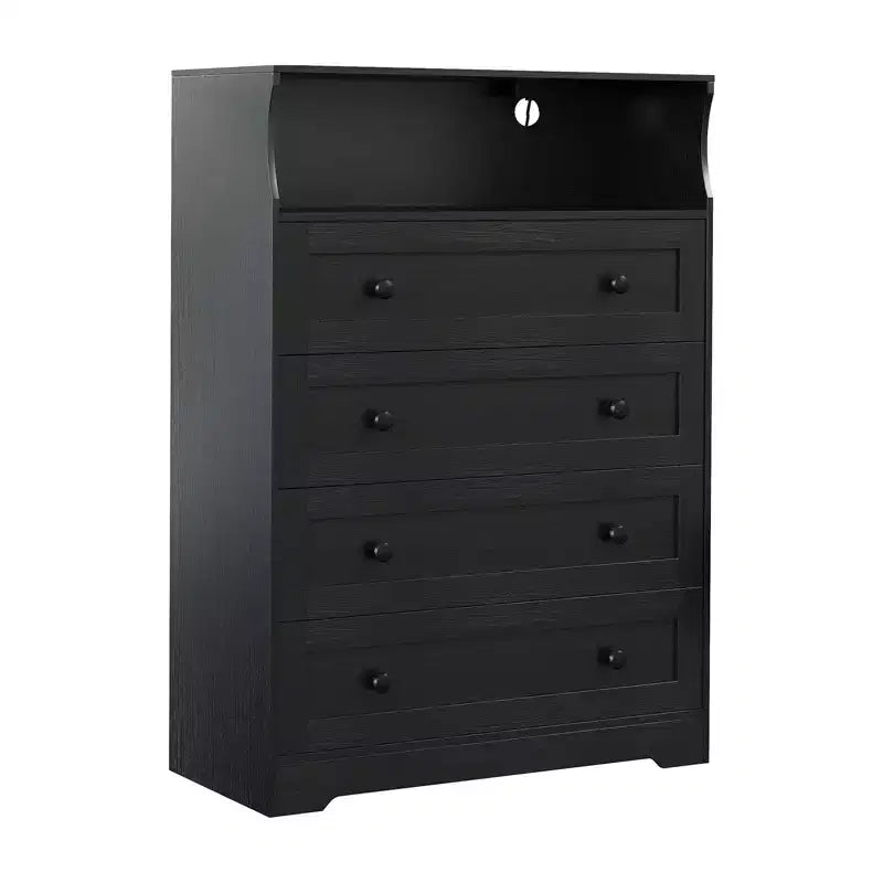Commode 4 tiroirs pour chambre à coucher, commode en bois de 80 cm de large avec station de recharge, table de chevet étroite, organisateur de rangement pour vêtements