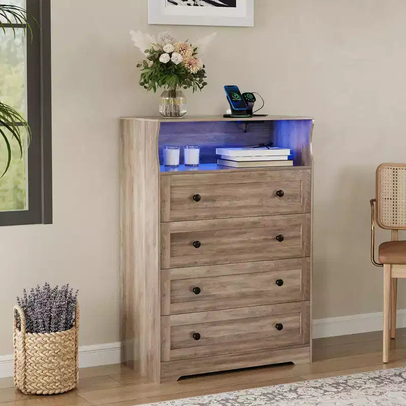 Commode 4 tiroirs pour chambre à coucher, commode en bois de 80 cm de large avec station de recharge, table de chevet étroite, organisateur de rangement pour vêtements