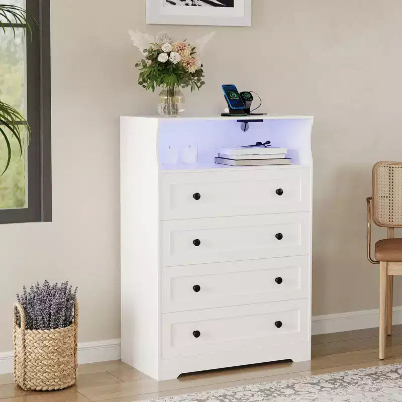 Commode 4 tiroirs pour chambre à coucher, commode en bois de 80 cm de large avec station de recharge, table de chevet étroite, organisateur de rangement pour vêtements