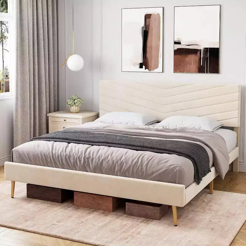 Beige King Size Platform Bed with Adjustable Headboard, Plush Fabric Bed Frame No Box Spring Needed, Quiet Design Easy Assembly