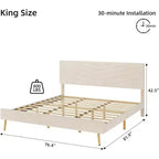 Lit plateforme beige King Size avec tête de lit réglable, cadre de lit en tissu peluche, aucun sommier tapissier requis, conception silencieuse, assemblage facile