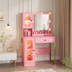 Coiffeuse Acekool avec miroir et lumières, table de maquillage avec station de recharge, éclairage RVB et 3 couleurs, 2 armoires, 2 étagères ouvertes, pour chambre à coucher.