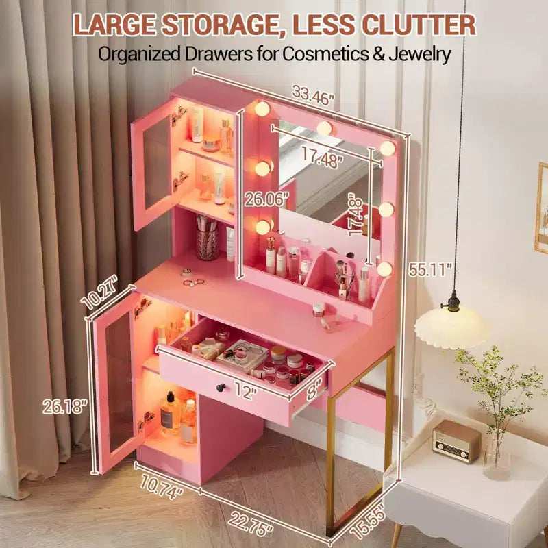 Coiffeuse Acekool avec miroir et lumières, table de maquillage avec station de recharge, éclairage RVB et 3 couleurs, 2 armoires, 2 étagères ouvertes, pour chambre à coucher.