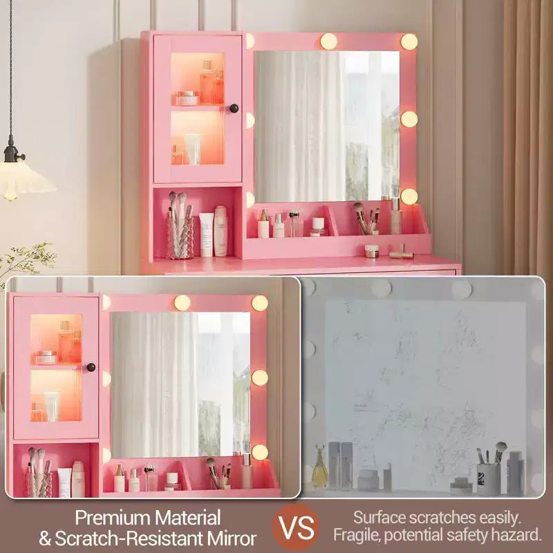 Coiffeuse Acekool avec miroir et lumières, table de maquillage avec station de recharge, éclairage RVB et 3 couleurs, 2 armoires, 2 étagères ouvertes, pour chambre à coucher.