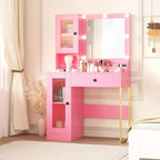 Coiffeuse Acekool avec miroir et lumières, table de maquillage avec station de recharge, éclairage RVB et 3 couleurs, 2 armoires, 2 étagères ouvertes, pour chambre à coucher.