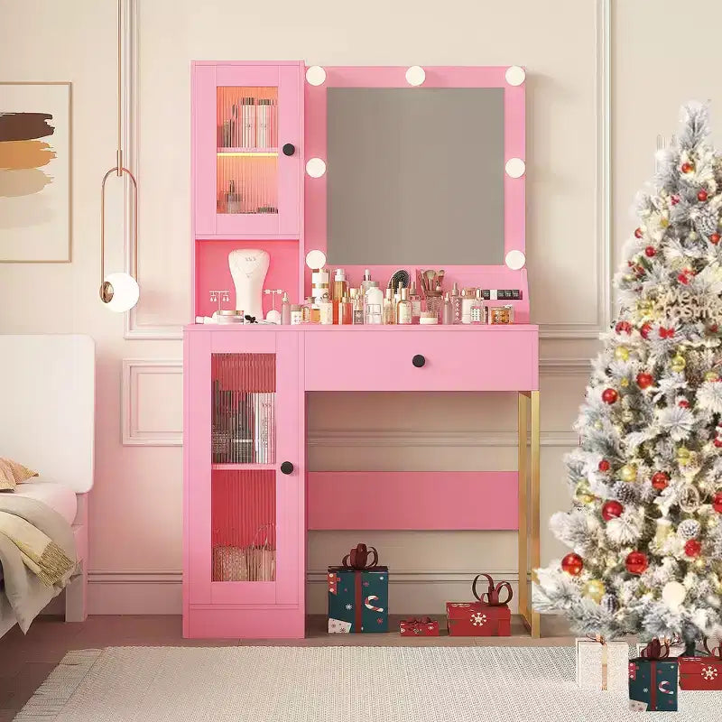 Coiffeuse Acekool avec miroir et lumières, table de maquillage avec station de recharge, éclairage RVB et 3 couleurs, 2 armoires, 2 étagères ouvertes, pour chambre à coucher.