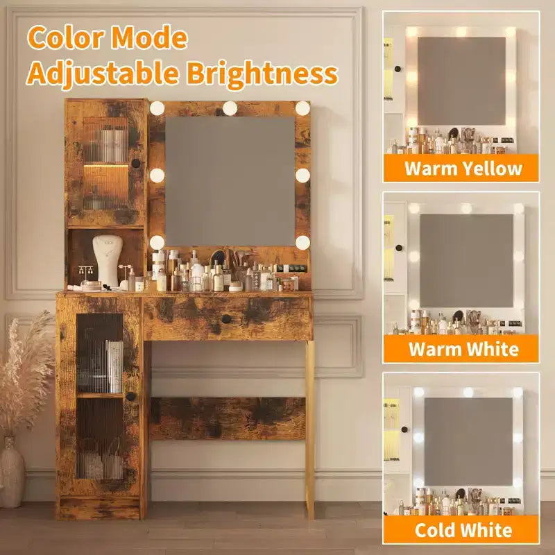 Coiffeuse Acekool avec miroir et lumières, table de maquillage avec station de recharge, éclairage RVB et 3 couleurs, 2 armoires, 2 étagères ouvertes, pour chambre à coucher.