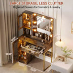 Coiffeuse Acekool avec miroir et lumières, table de maquillage avec station de recharge, éclairage RVB et 3 couleurs, 2 armoires, 2 étagères ouvertes, pour chambre à coucher.